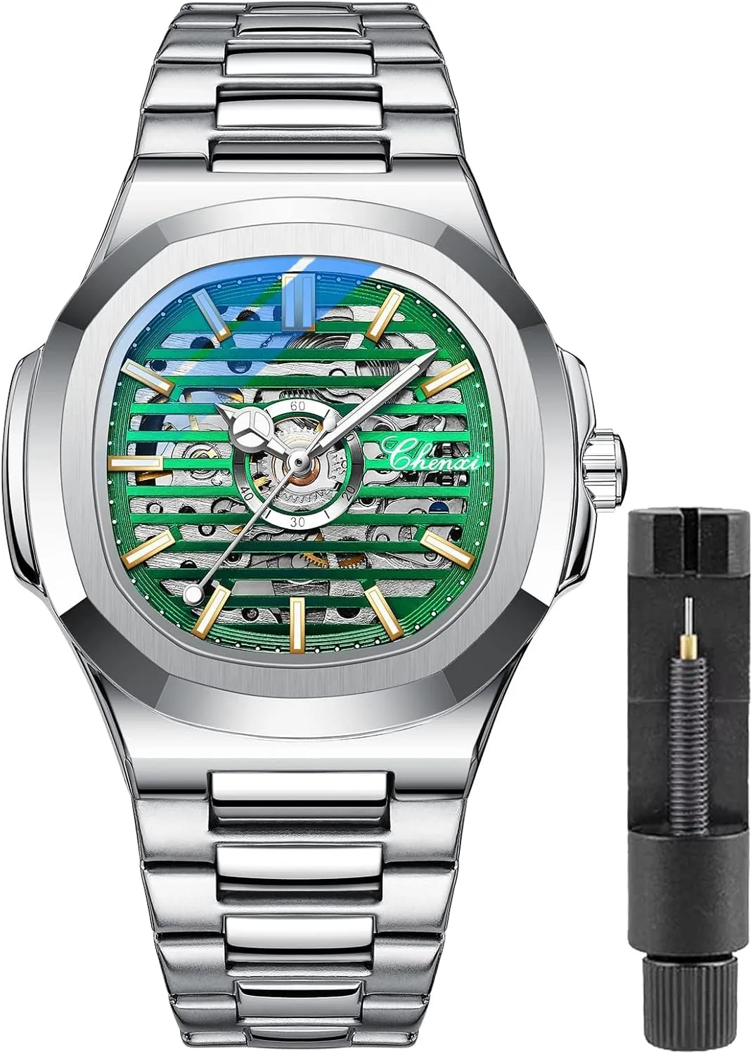Mechanical Watch feudal flask Luxury Skeleton Hollow Business Waterproof Luminous Watch Self-Winding Dress Stainless Steel Band Watch FANMIS Men's Classic Square Automatic 
