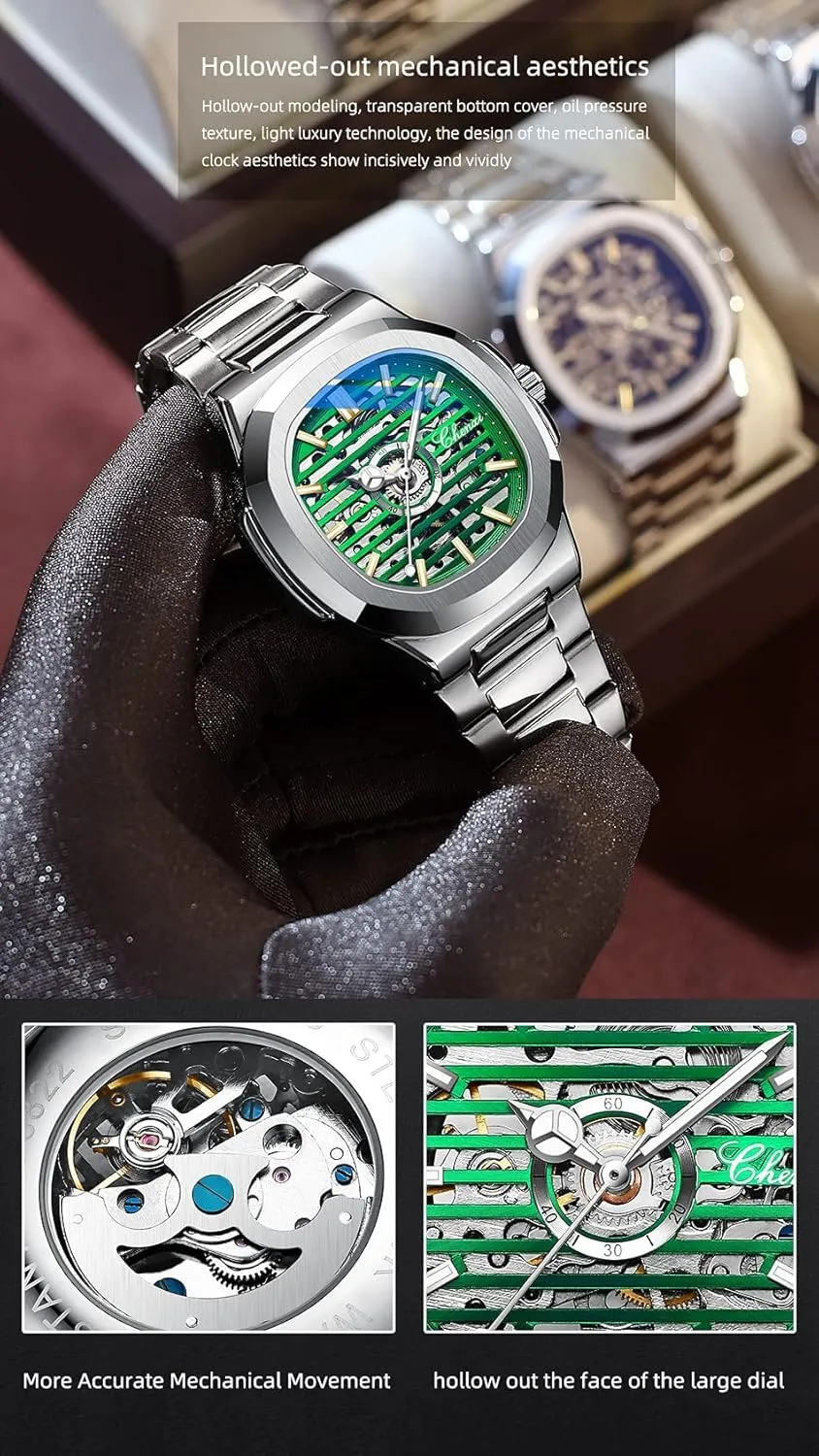 Mechanical Watch feudal flask Luxury Skeleton Hollow Business Waterproof Luminous Watch Self-Winding Dress Stainless Steel Band Watch FANMIS Men's Classic Square Automatic 