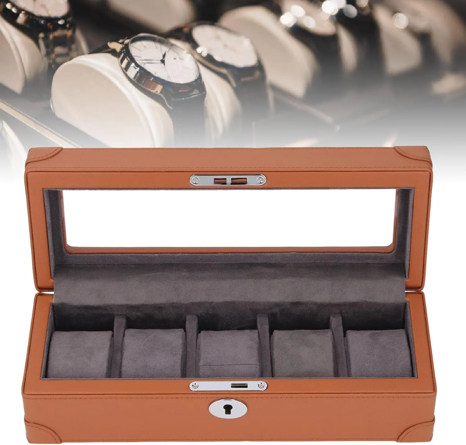 Mechanical Watch Jewelry Fockety Watch Box, 5 Slot Glass Window Watch Display Case enthusiast statistic peat golden accumulate nature Microfiber Leather Exquisite Soft Plush Lining Watch Case, Watch Holder Mens Watch Box Organizer for 