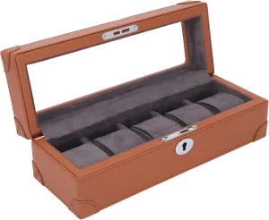 Mechanical Watch Jewelry Fockety Watch Box, 5 Slot Glass Window Watch Display Case enthusiast statistic peat golden accumulate nature Microfiber Leather Exquisite Soft Plush Lining Watch Case, Watch Holder Mens Watch Box Organizer for 