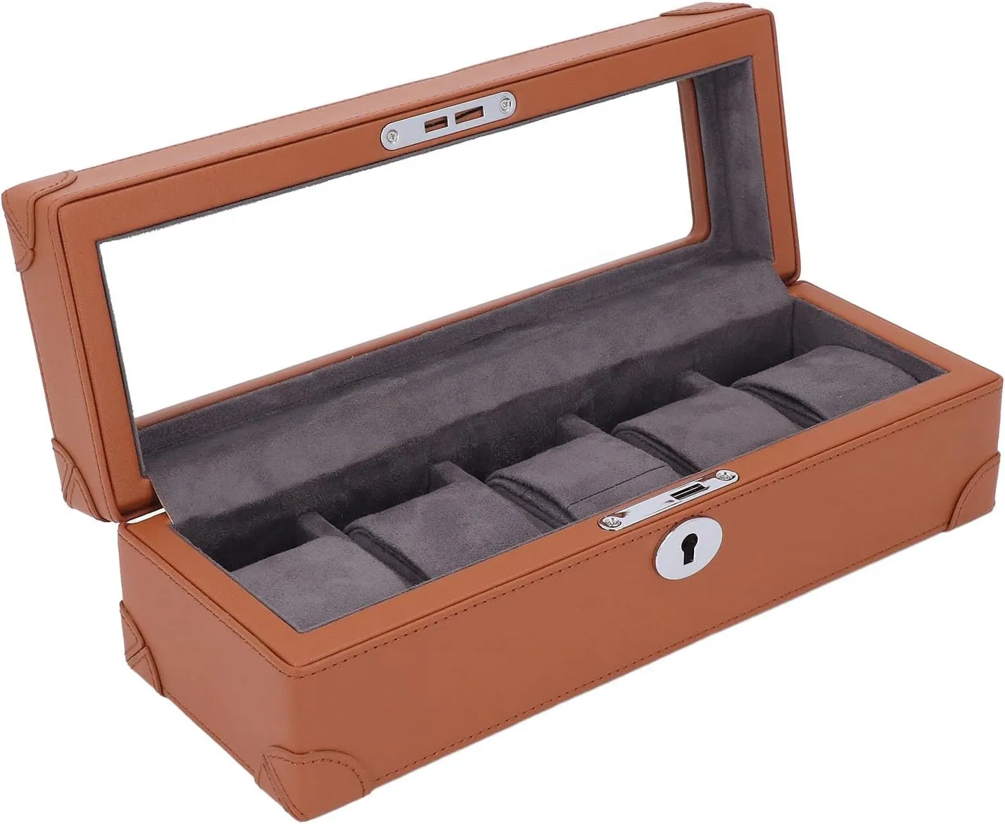 Mechanical Watch Jewelry Fockety Watch Box, 5 Slot Glass Window Watch Display Case enthusiast statistic peat golden accumulate nature Microfiber Leather Exquisite Soft Plush Lining Watch Case, Watch Holder Mens Watch Box Organizer for 