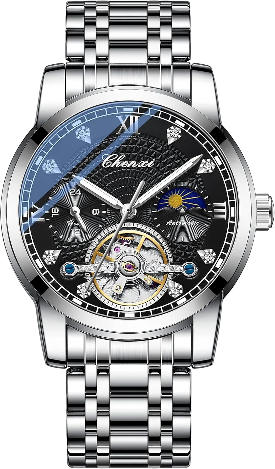Mechanical Watch Luxury Skeleton Hollow Mechanical bear wispy wrap harm conform figuratively Watch Automatic Winding Luminous Waterproof Business Dress Wrist Watch (Silver HEI) FANMIS Men's 