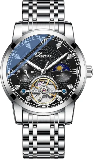 Mechanical Watch Luxury Skeleton Hollow Mechanical bear wispy wrap harm conform figuratively Watch Automatic Winding Luminous Waterproof Business Dress Wrist Watch (Silver HEI) FANMIS Men's 