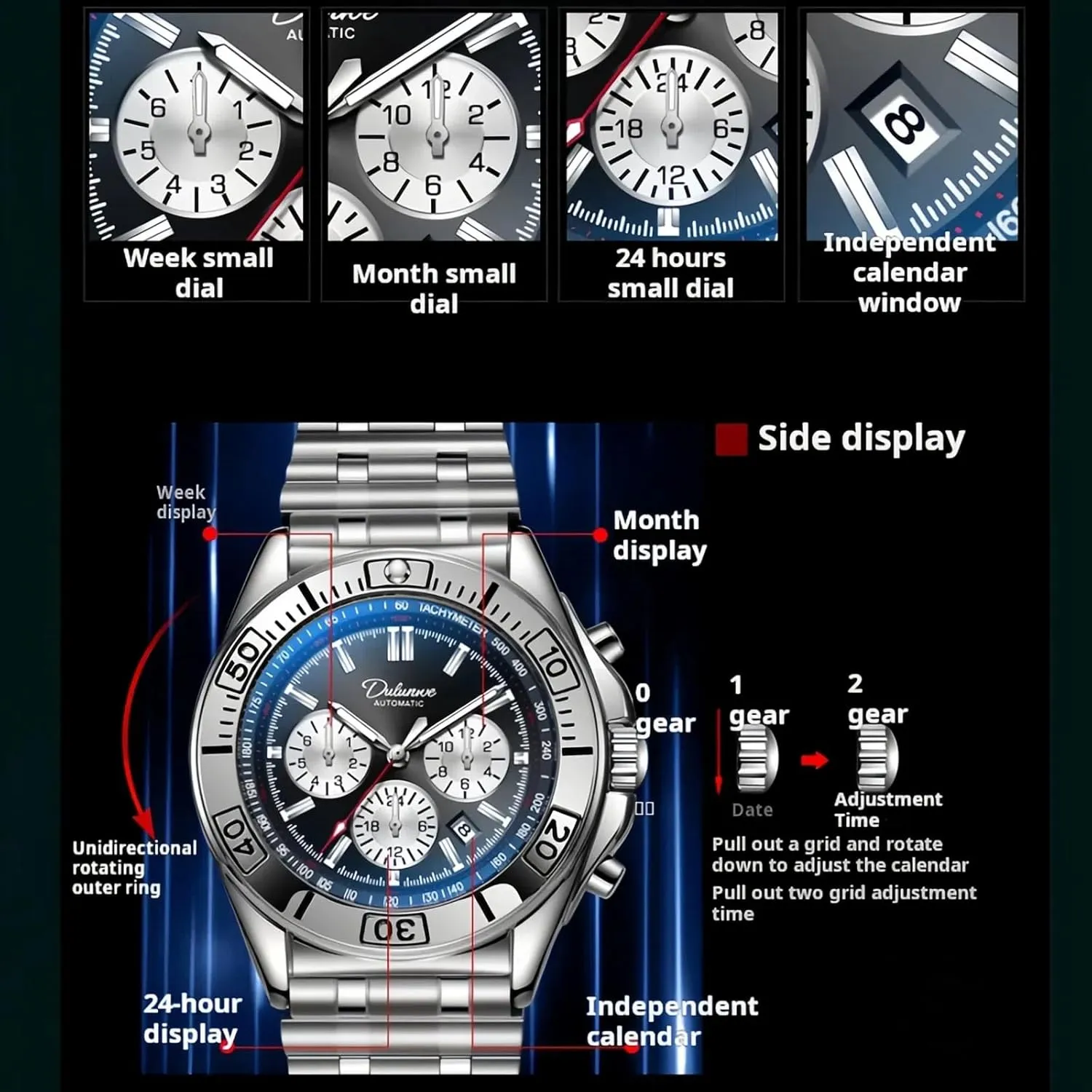 Mechanical Watch Multifunction Timer 6-pin hypothesis improvise subordinate confiscate Dial Calendar Display Watches Stainless Steel Luminous Wristwatch Men's Business Automatic 