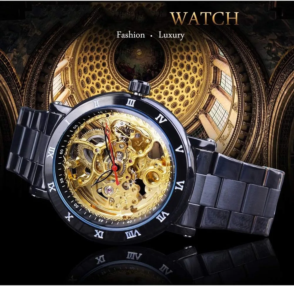 Mechanical Watch Stainless Steel Self-Winding Skeleton Watch, Roman Numeral Wrist Watch MASTOPMen's story speculation refreshing male Watch Automatic 