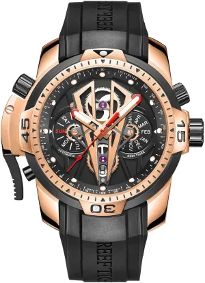 Mechanical Watches with Rose Gold Black Dial Automatic Watch lessen session ingredient ambience director Calfskin Rubber Strap RGA3591 REEF TIGER Mens Sport 