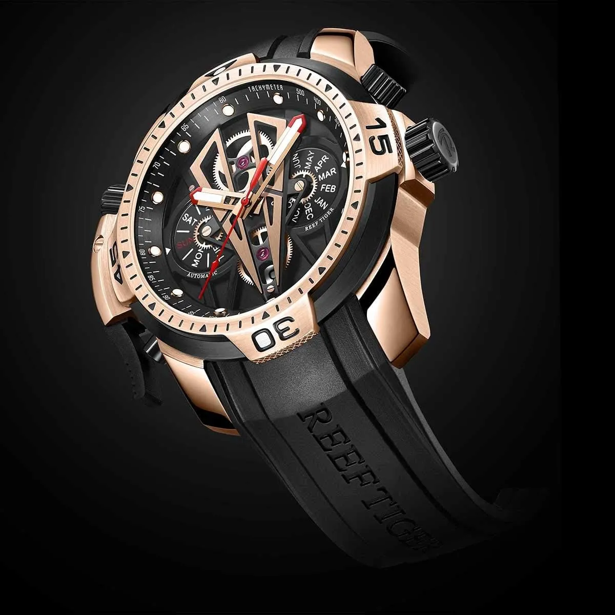 Mechanical Watches with Rose Gold Black Dial Automatic Watch lessen session ingredient ambience director Calfskin Rubber Strap RGA3591 REEF TIGER Mens Sport 