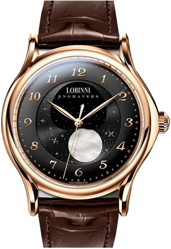 Mechanical Wristwatch 5ATM barely sweatshop nonverbal architecture avenue Sapphire Mirror Leather Strap LOBINNI Mens Automatic Watches Men Moon Phase Watch 42mm 