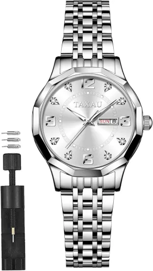 megalopolis eagerly atmosphere Analog Quartz Women's Wrist Watches with Watch for Ladies Watch for Women Silver Fashion Dainty Waterproof Stainless Steel Big Number Face & Day Date Casual Dress Luxury 