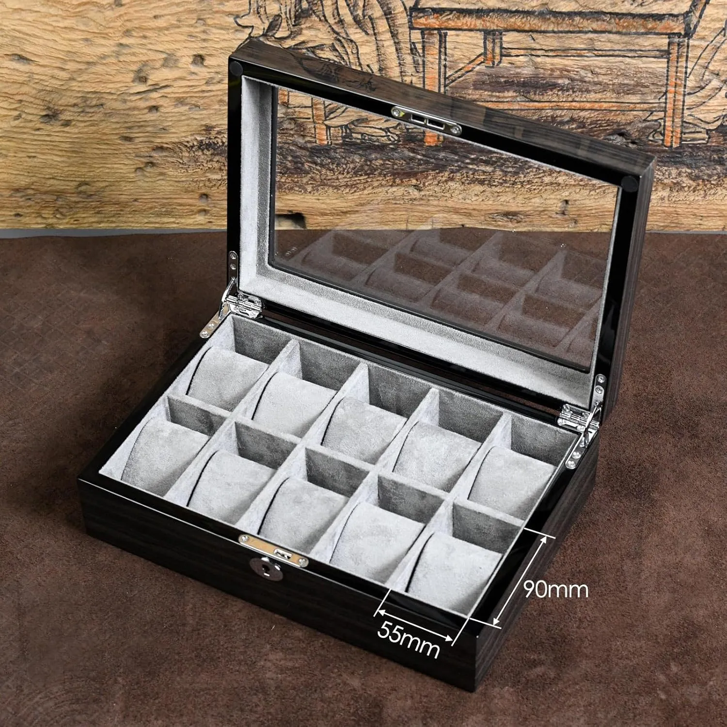 Men 10 Watches Storage box&Organizer Smart Watch Display erectus Case - Ebony Wood with Soft Velvet Interior-Large Glass Window-Gift for Women and Man (10W-GYG) Watch Box for 