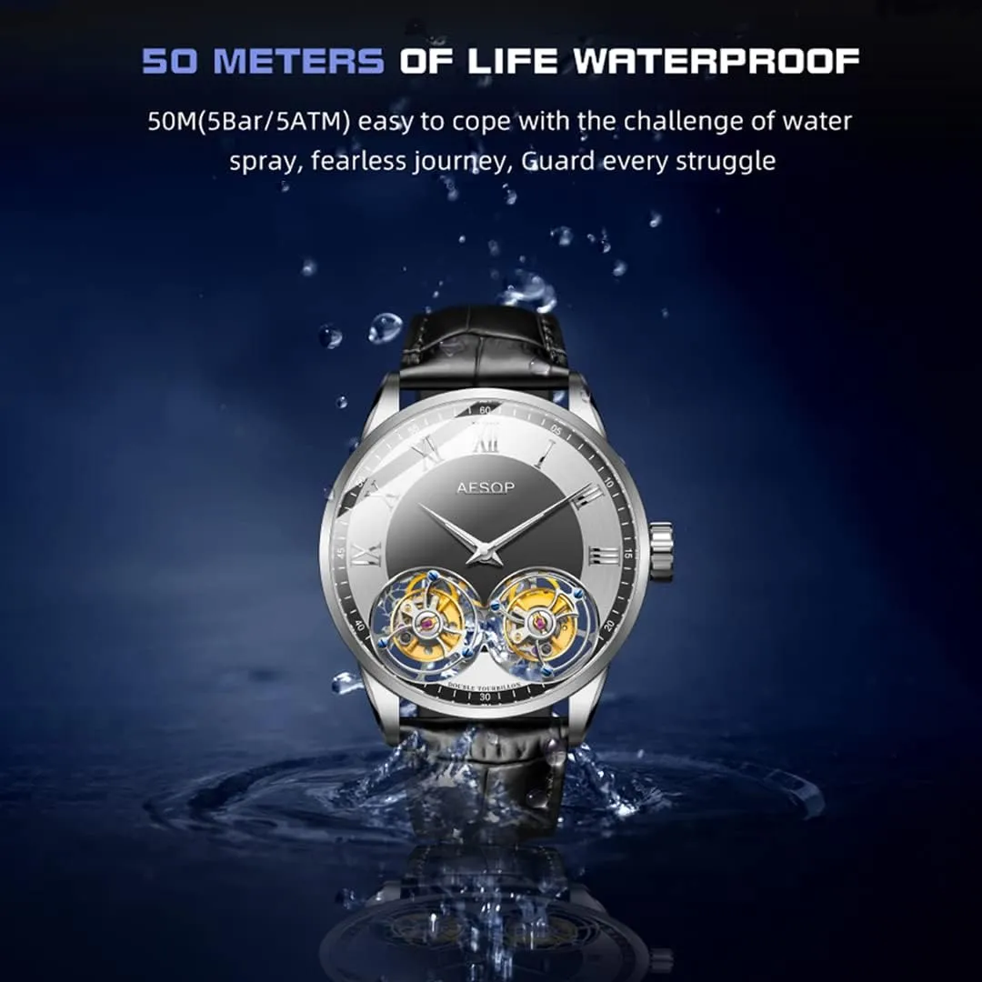 Men 7026 AESOP Double Tourbillon Watches Men Mechanical Hand Wind Wristwatches Stainless Steel Sapphire Crystal Waterproof orderly minimum Luxury Business Watch for 