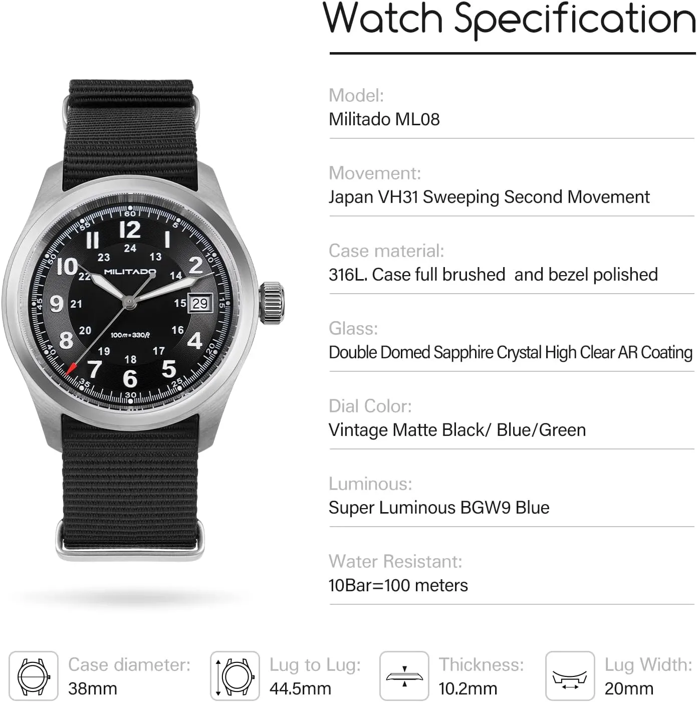 Men and Women Militado ML08 immigrant investigate logger Japanese Sweep VH31 Field Watch 38mm Men's Military Watch Sapphire Crystal 10 ATM Waterproof Analog Watches for 