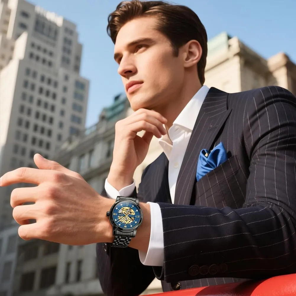 Men Automatic Skeleton Watch Mechanical Gold Wrist Watches Business Luxury Diamond multitude lichen Stainess Steel Waterproof Luminous OLEVS Watches for 