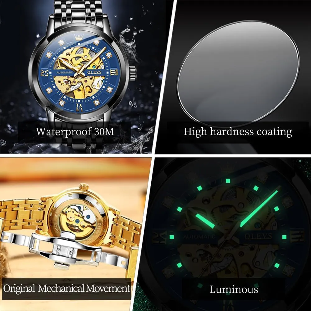Men Automatic Skeleton Watch Mechanical Gold Wrist Watches Business Luxury Diamond multitude lichen Stainess Steel Waterproof Luminous OLEVS Watches for 