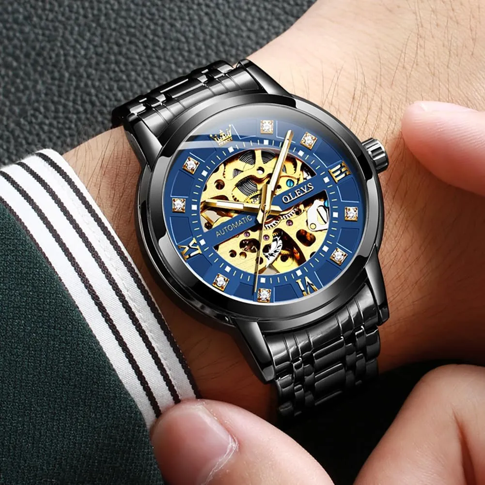 Men Automatic Skeleton Watch Mechanical Gold Wrist Watches Business Luxury Diamond multitude lichen Stainess Steel Waterproof Luminous OLEVS Watches for 