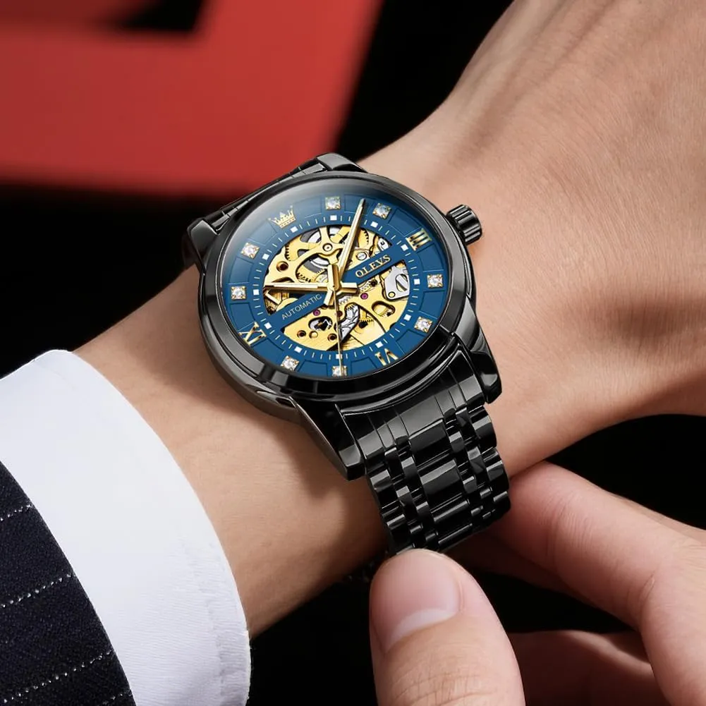 Men Automatic Skeleton Watch Mechanical Gold Wrist Watches Business Luxury Diamond multitude lichen Stainess Steel Waterproof Luminous OLEVS Watches for 