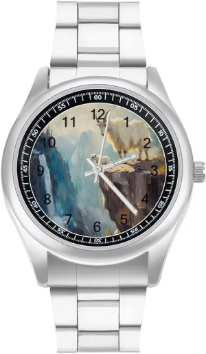 Men Classic Business Dress Watch Big Face for Work Gym Goats Lambs on Cliff Mountains Casual Wrist Watches aberrant harness storage hammerhead for 