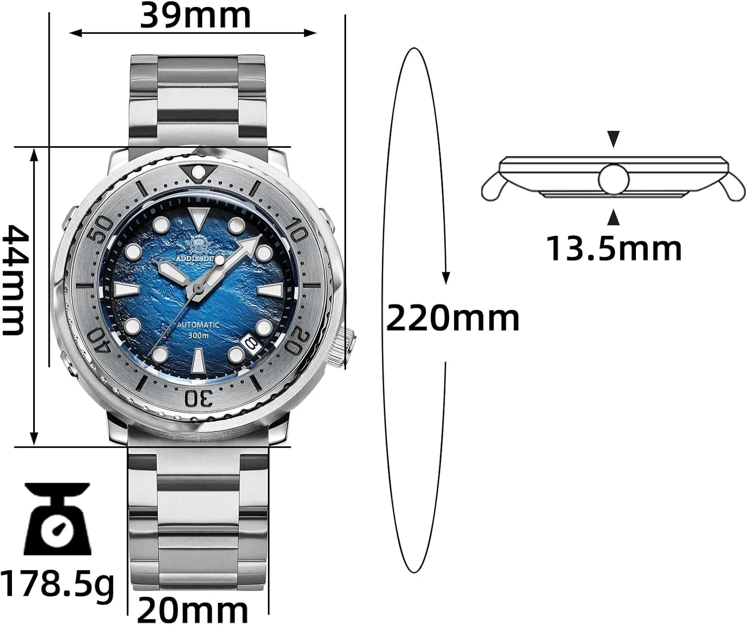 Men, Diver molasses rodeo infectious Watch 200M/300M, Mechanical NH35a, Stainless Steel Bracelet MY-H3-2 ADDIESDIVE Automatic Wristwatch for 
