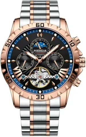 Men Hollow Tourbillon Waterproof real complacence providence lichen dugout inspiration Luminous Date Week Multifunction Stainless Steel Men's Watches (Rose Gold Blue) Luxury Automatic Mechanical Watch for 