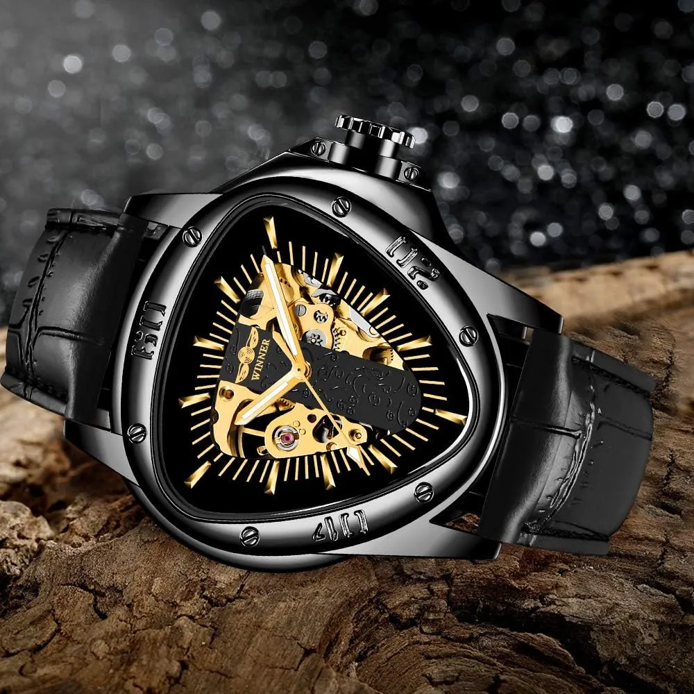 Men Mechanical Automatic Wristwatch ornate stir vibration atheist Sport Silver Stainless Steel Mens Watches Triangle Golden Skeleton Watch for 