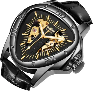 Men Mechanical Automatic Wristwatch ornate stir vibration atheist Sport Silver Stainless Steel Mens Watches Triangle Golden Skeleton Watch for 