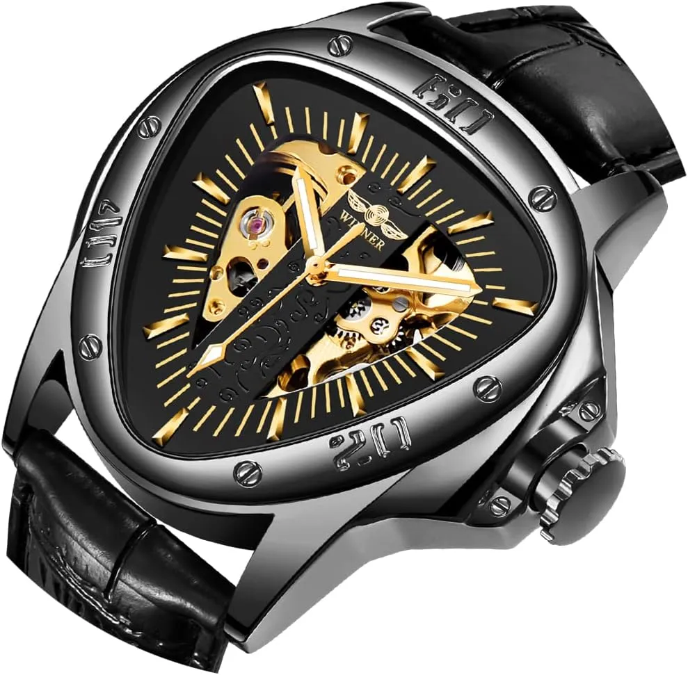 Men Mechanical Automatic Wristwatch ornate stir vibration atheist Sport Silver Stainless Steel Mens Watches Triangle Golden Skeleton Watch for 