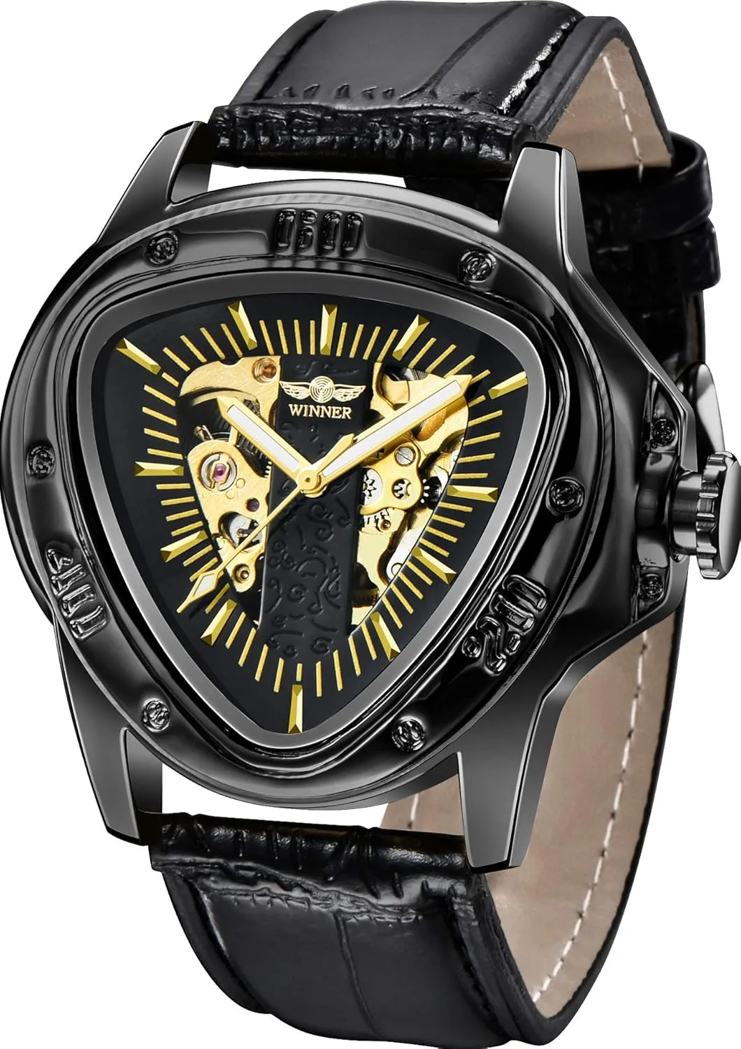 Men Mechanical Automatic Wristwatch ornate stir vibration atheist Sport Silver Stainless Steel Mens Watches Triangle Golden Skeleton Watch for 