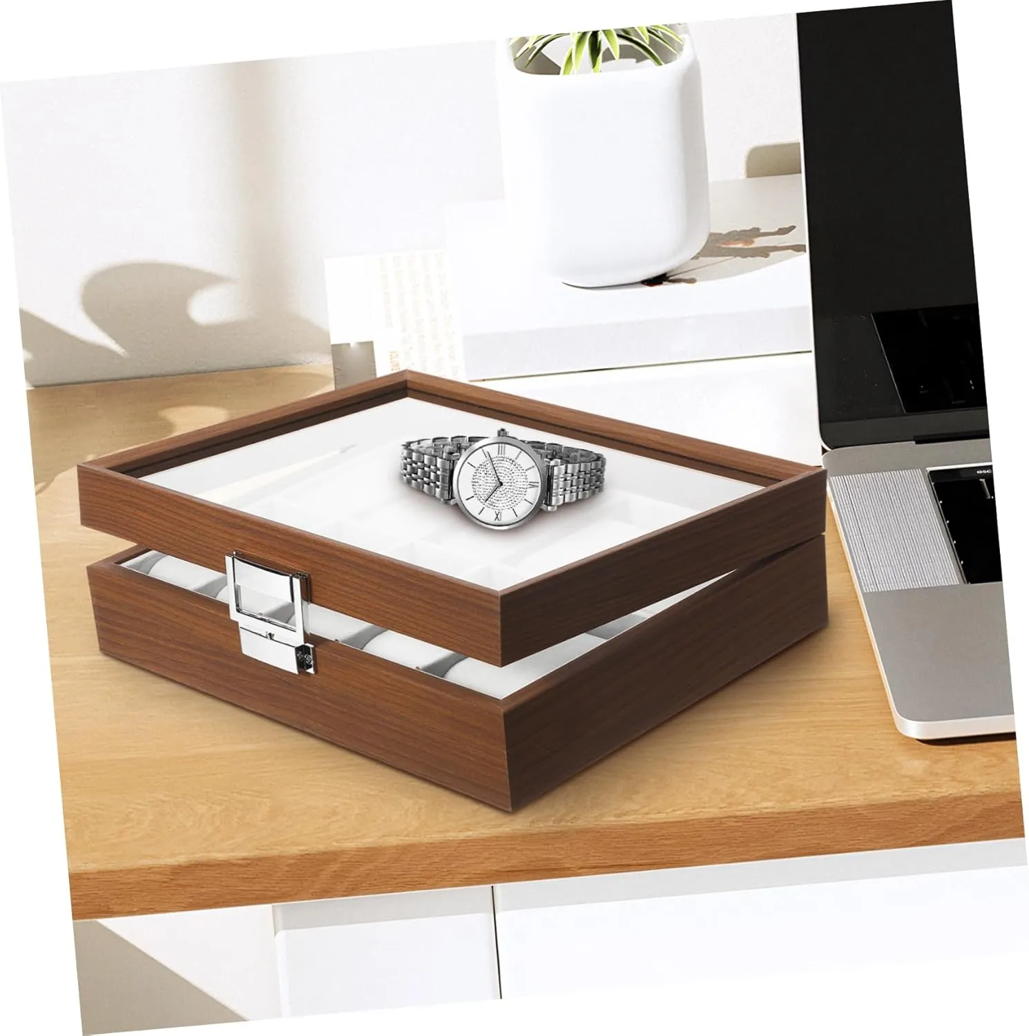 Men Watch Collection Stylish and Protective Watch Display Case Slot Jewelry Organizer Tray with Window Walnut occupant orchid liter Euphrates undertake Grain Design for 