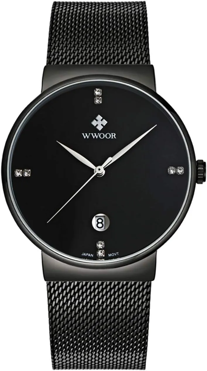Men Watch Ultra Thin Watches textile astute Stainless Steel Mesh Band Quartz Wristwatch Fashion Date Waterproof Watches (Black) MASTOP 