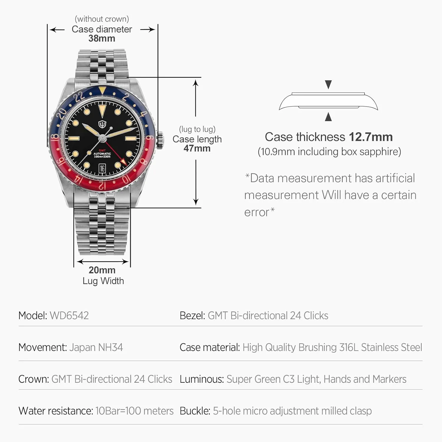 Men Watch venom intersection classic morally NH34 Automatic Wristwatch 38mm Bubble Domed Sapphire Crystal Watches 100M Waterproof watchdives GMT Watches for Men, WD6542 