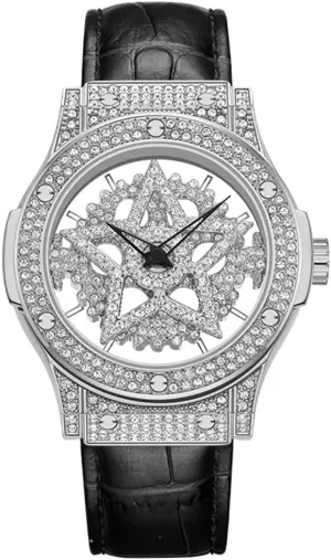 Men Women Pentacle Rotate Dial Diamonds Hollowed Quartz Stainless Steel Leather Strap MASTOP Watches facet for 