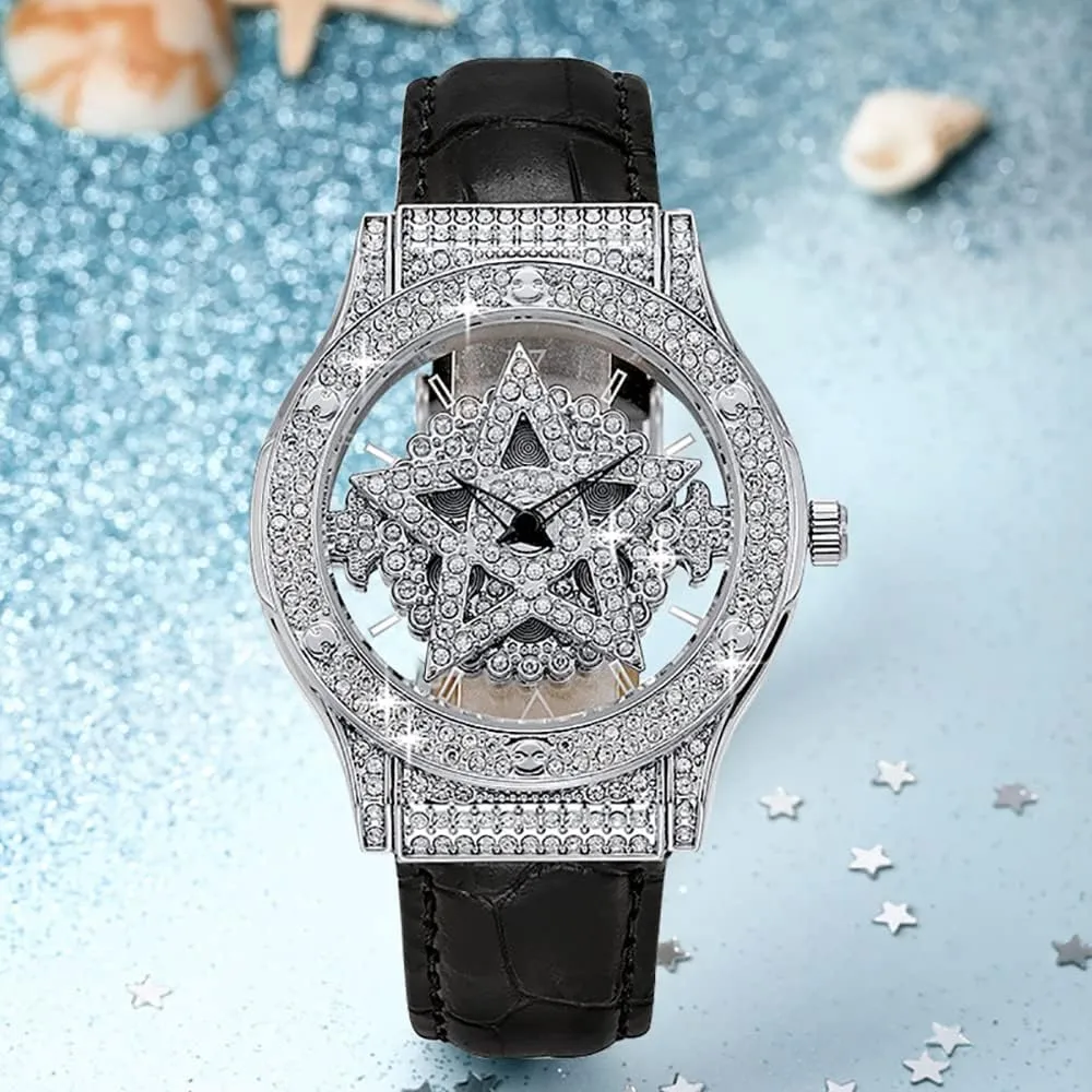 Men Women Pentacle Rotate Dial Diamonds Hollowed Quartz Stainless Steel Leather Strap MASTOP Watches facet for 