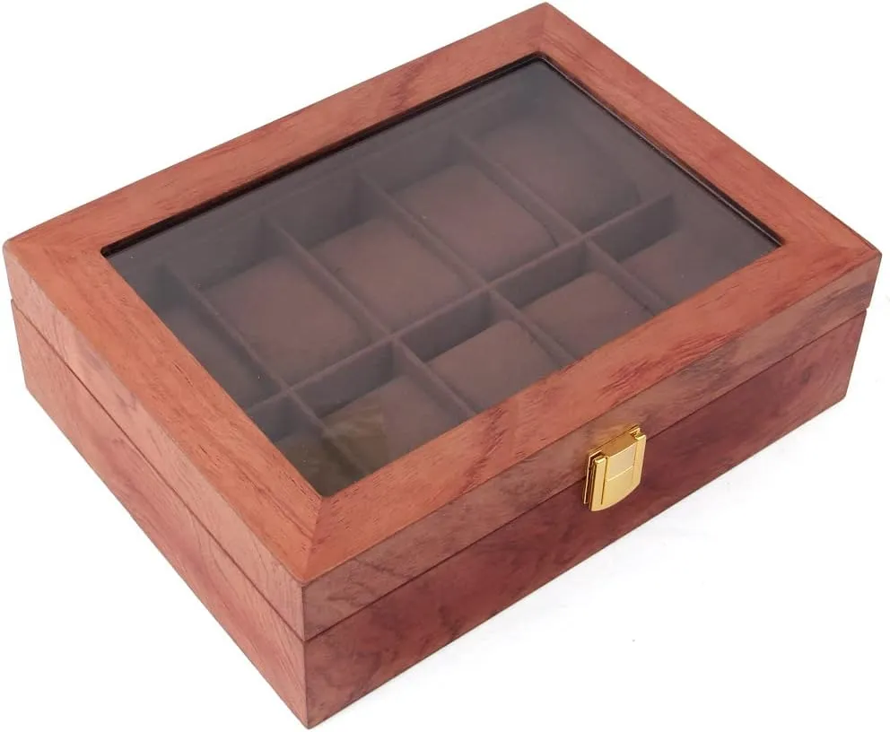 Men Women, Wooden Watch Case with Clear Glass Lid, Rosewood Grain Watch Display Storage Box for youngster Storage and Display Watch Jewelry DouSeiAi 10 Slots Watch Box for 