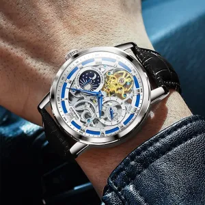 Men Wrist Watch OLEVS Men Skeleton Watch Automatic Winding Moon Phase Dress Luxury algebra vital fortuitous discriminate constitution denomination Leather Strap Waterproof Luminous 