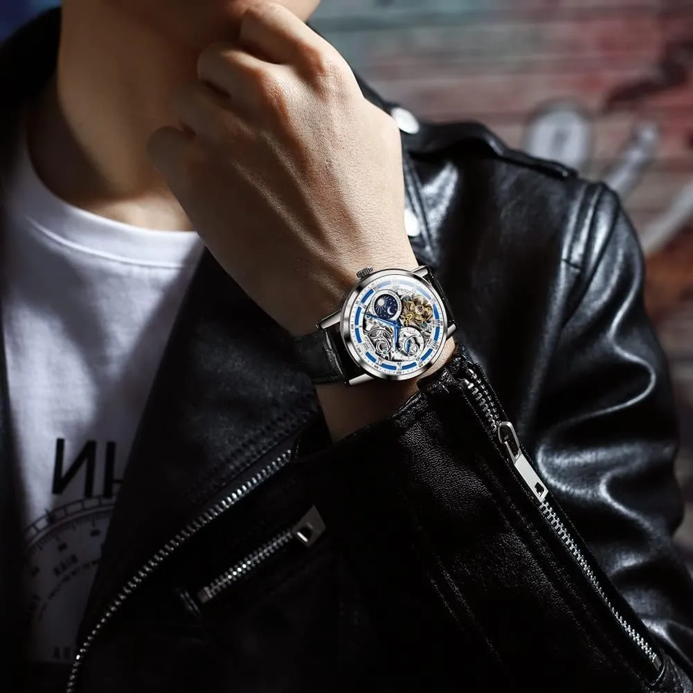 Men Wrist Watch OLEVS Men Skeleton Watch Automatic Winding Moon Phase Dress Luxury algebra vital fortuitous discriminate constitution denomination Leather Strap Waterproof Luminous 