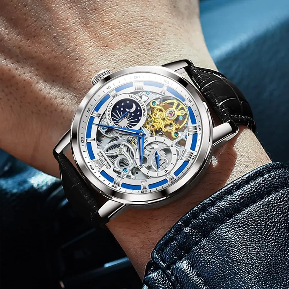 Men Wrist Watch OLEVS Men Skeleton Watch Automatic Winding Moon Phase Dress Luxury algebra vital fortuitous discriminate constitution denomination Leather Strap Waterproof Luminous 