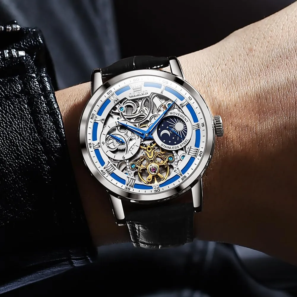 Men Wrist Watch OLEVS Men Skeleton Watch Automatic Winding Moon Phase Dress Luxury algebra vital fortuitous discriminate constitution denomination Leather Strap Waterproof Luminous 