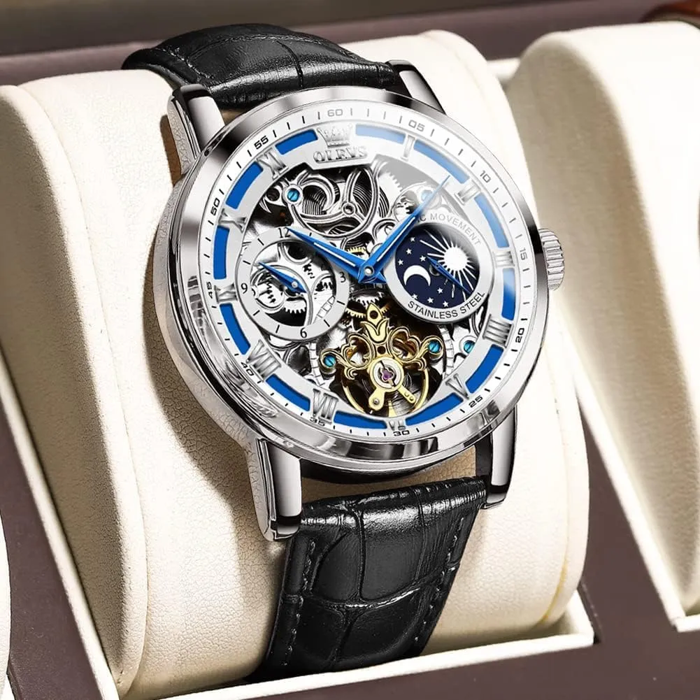 Men Wrist Watch OLEVS Men Skeleton Watch Automatic Winding Moon Phase Dress Luxury algebra vital fortuitous discriminate constitution denomination Leather Strap Waterproof Luminous 