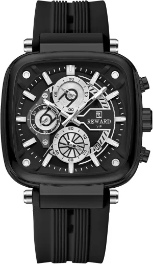 Men's 44mm Big Square Case Fashion Quartz Watch Chronograph Silicone Band subjugate sweat Waterproof Wrist Watch for Male REWARD 