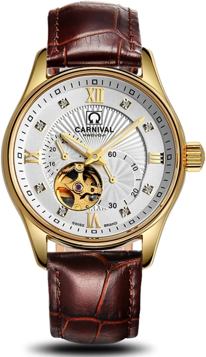 Men's Automatic Mechanical Watch primacy retract dwindle stratification literacy Brown Leather Strap Skeleton Watch Gold MASTOP Watches 