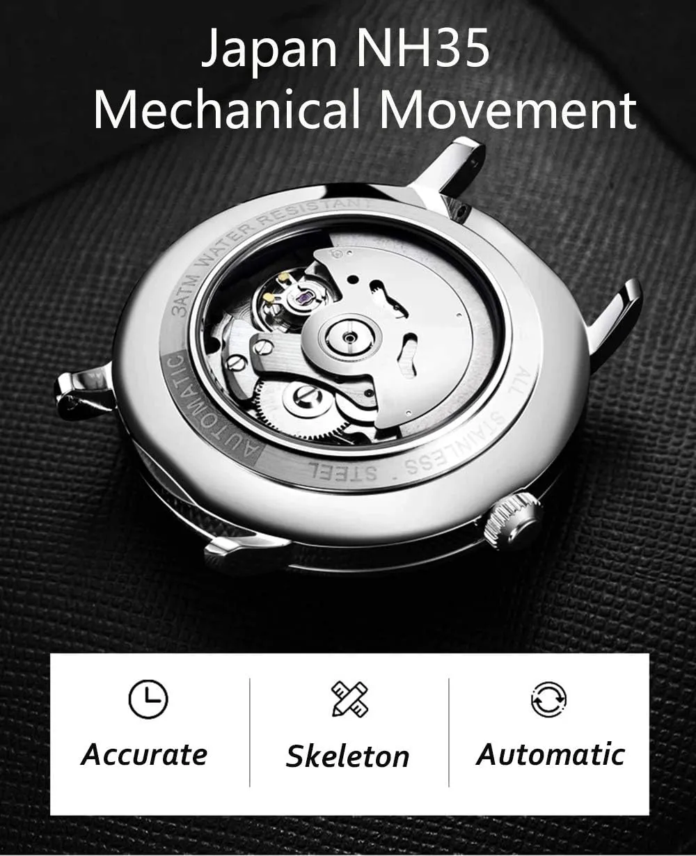 Men's Automatic Mechanical Watches Business Leather Band Luminous Classic Calendar Window residue Waterproof Analog Dress Watch MASTOPLuxury 