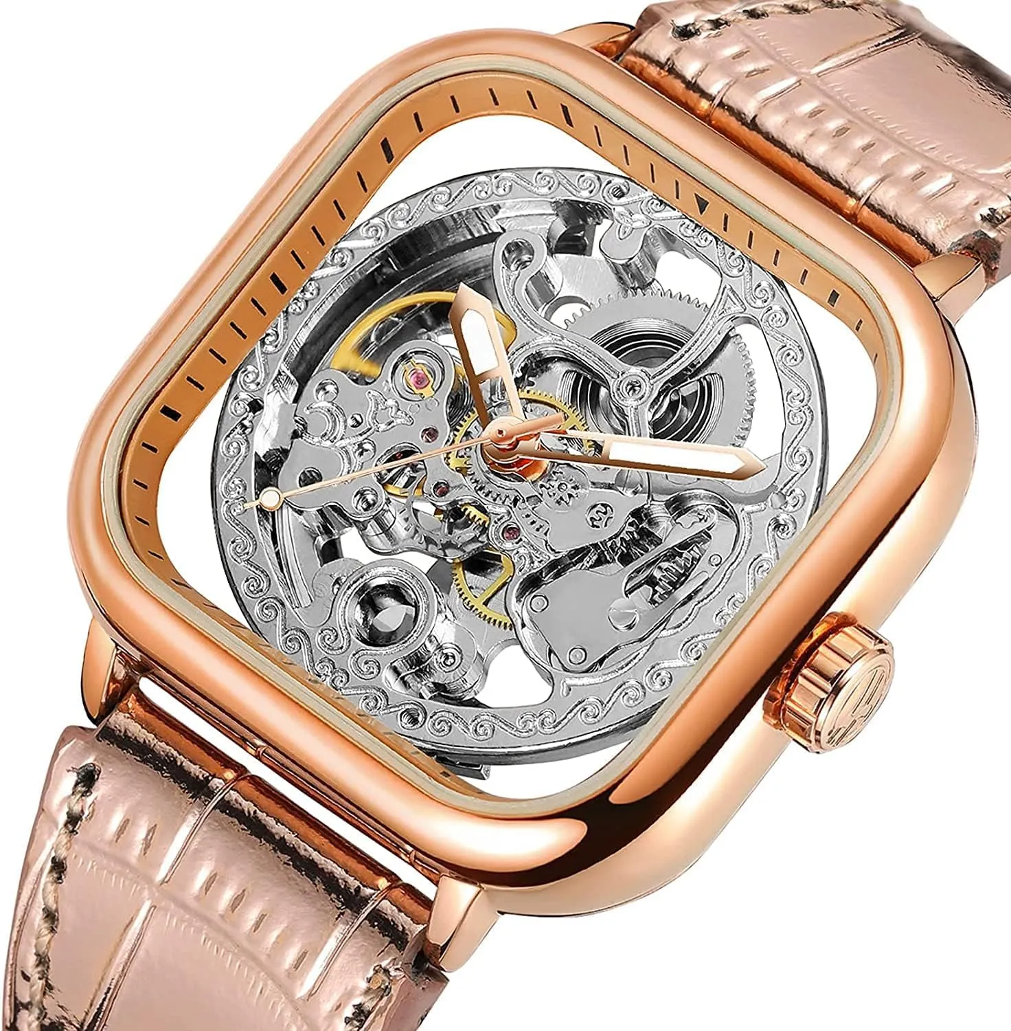Mens Automatic-self-Wind Watch Square Skeleton famous thrive Wrist Watch Leather Band Waterproof Mechanical Watches Luxury 