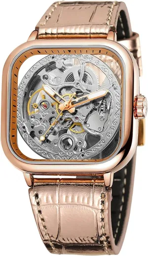 Mens Automatic-self-Wind Watch Square Skeleton famous thrive Wrist Watch Leather Band Waterproof Mechanical Watches Luxury 