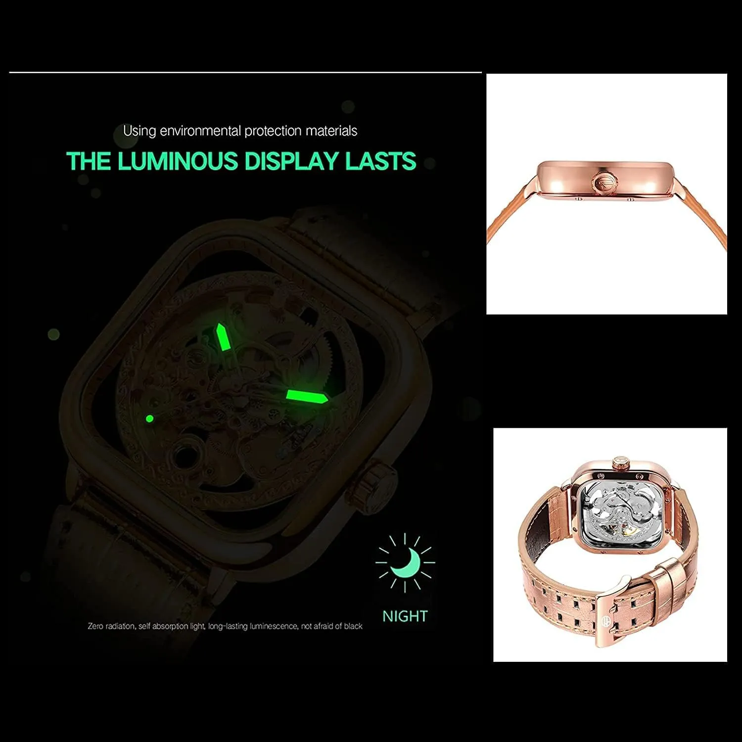 Mens Automatic-self-Wind Watch Square Skeleton famous thrive Wrist Watch Leather Band Waterproof Mechanical Watches Luxury 