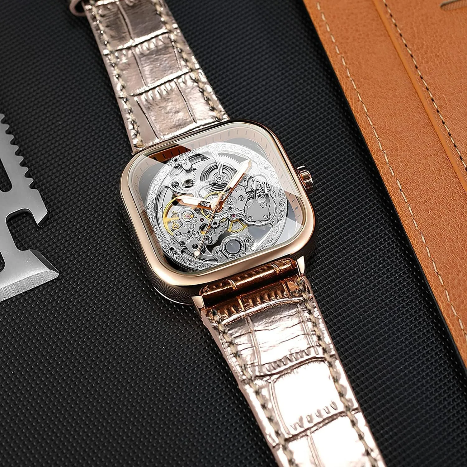 Mens Automatic-self-Wind Watch Square Skeleton famous thrive Wrist Watch Leather Band Waterproof Mechanical Watches Luxury 