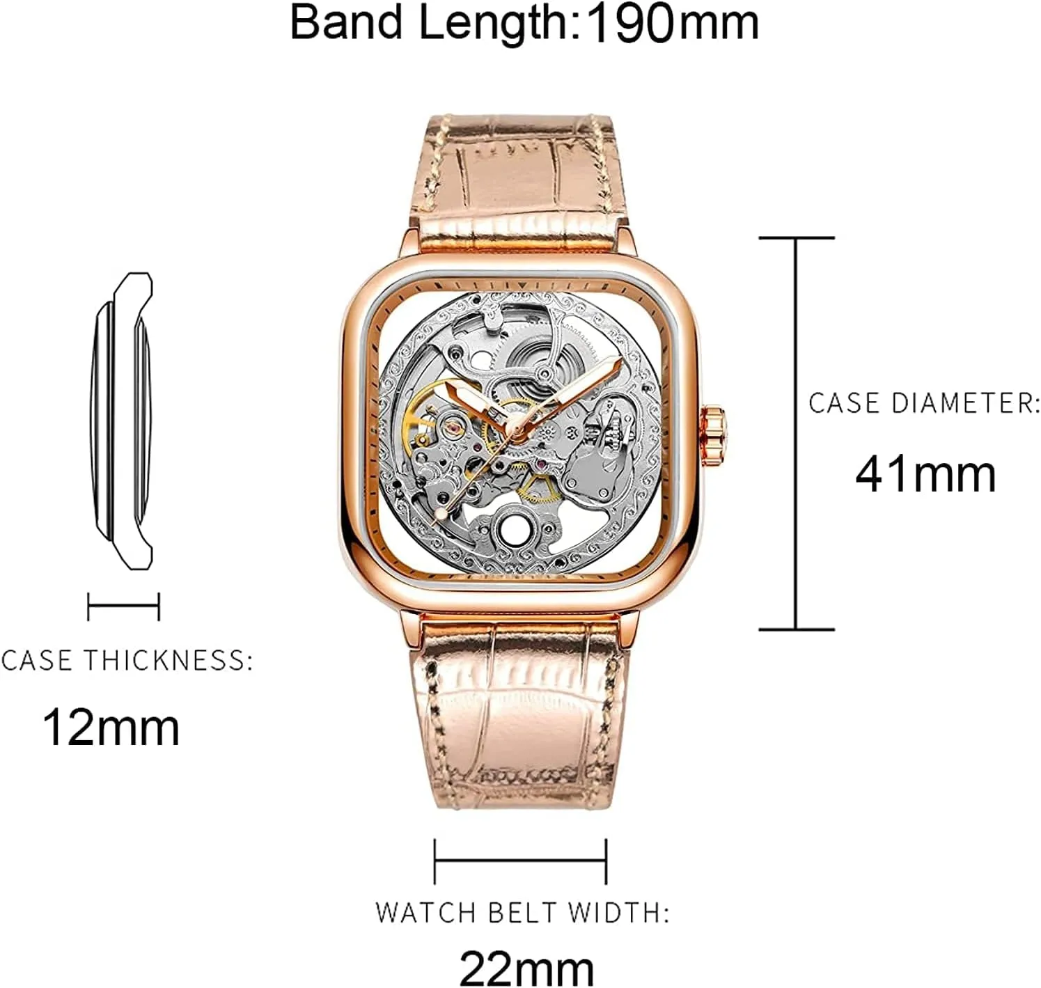 Mens Automatic-self-Wind Watch Square Skeleton famous thrive Wrist Watch Leather Band Waterproof Mechanical Watches Luxury 