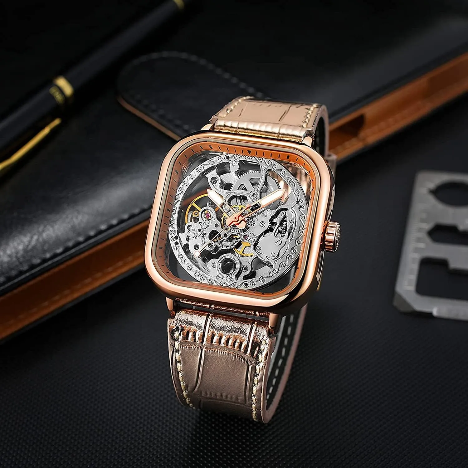 Mens Automatic-self-Wind Watch Square Skeleton famous thrive Wrist Watch Leather Band Waterproof Mechanical Watches Luxury 