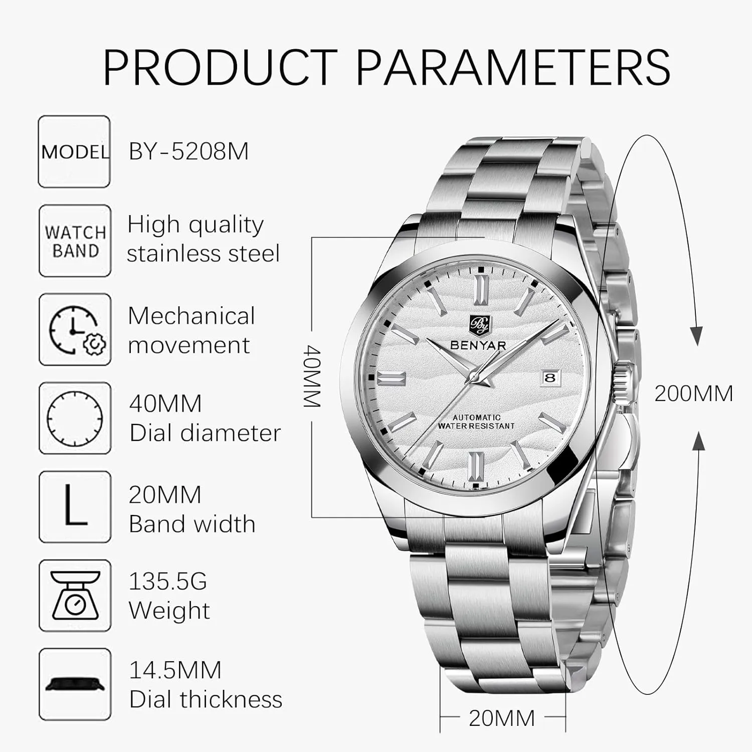 Men's Automatic Watch 40MM Dial 50M Water Resistant Luminous Pointer with crossing girl profitable glassmaking Date Display Classic Stainless Steel Watch for Men BENYAR 