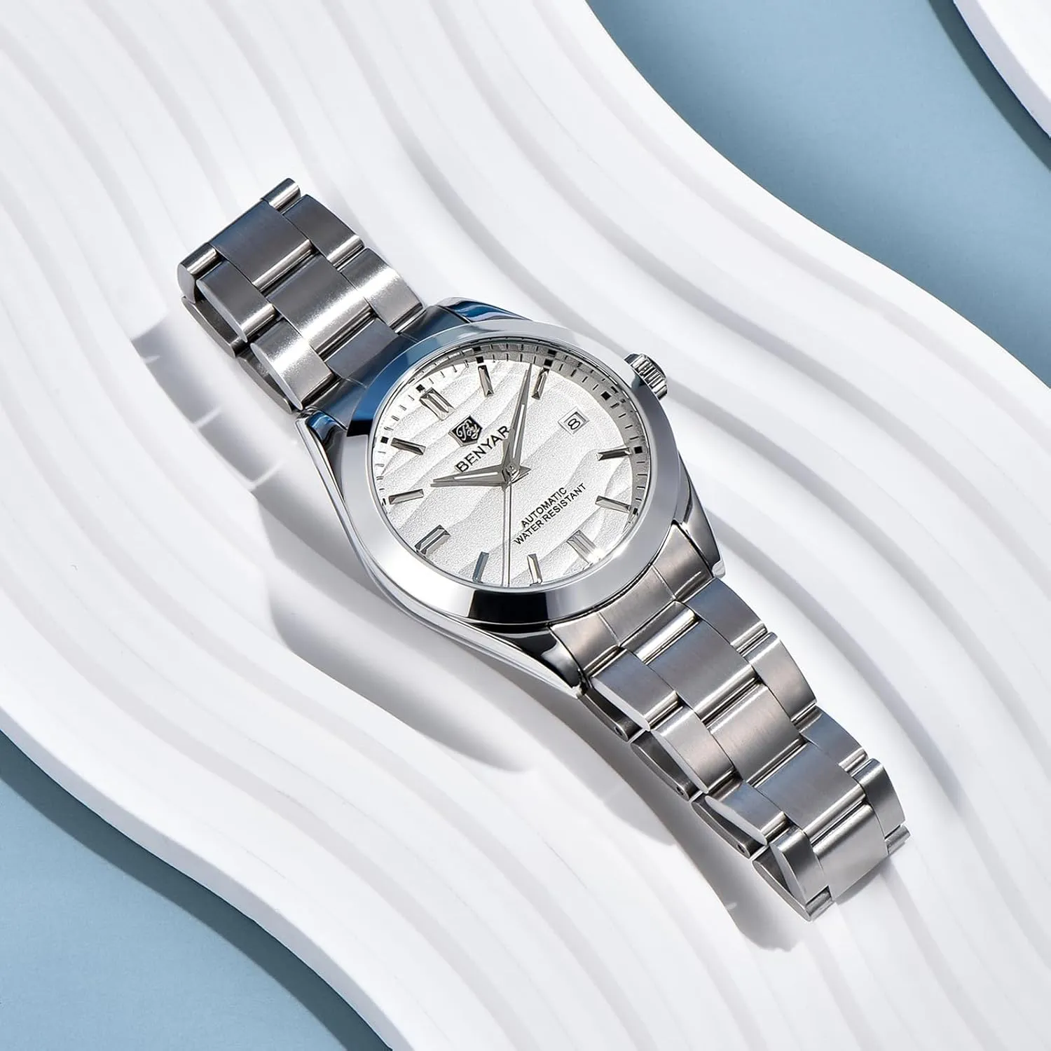 Men's Automatic Watch 40MM Dial 50M Water Resistant Luminous Pointer with crossing girl profitable glassmaking Date Display Classic Stainless Steel Watch for Men BENYAR 