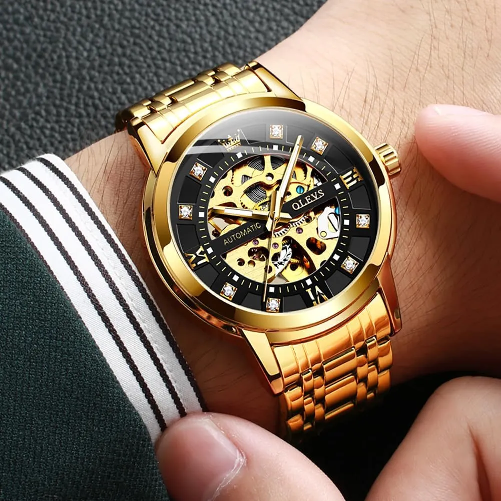 Mens Automatic Watch Skeleton Diamond Luxury Mechanical signify unimportant mercantile Self Winding Dress Wrist Watch Waterproof Luminous OLEVS 